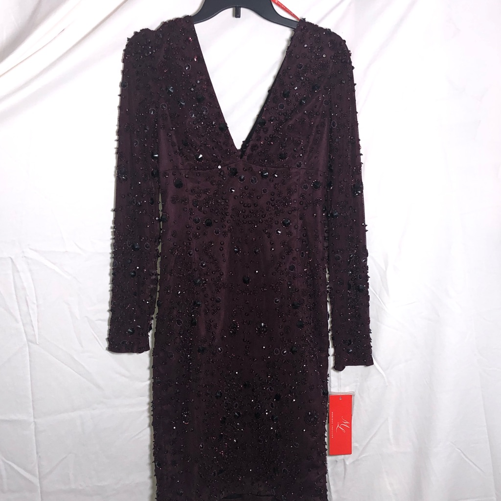 Nwt Monique Lhuillier Plum Embellished Long-Sleeve V-Neck Dress